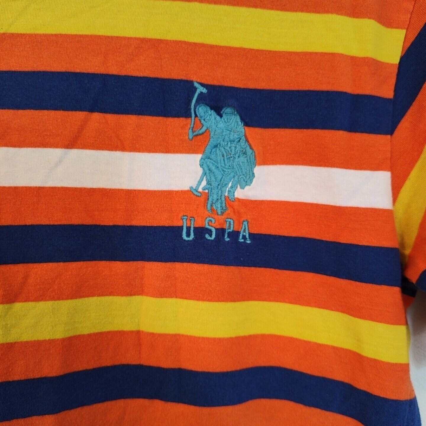 USPA T-Shirt Men Size S Orange Colorful Striped Embroidered Logo Short Sleeve