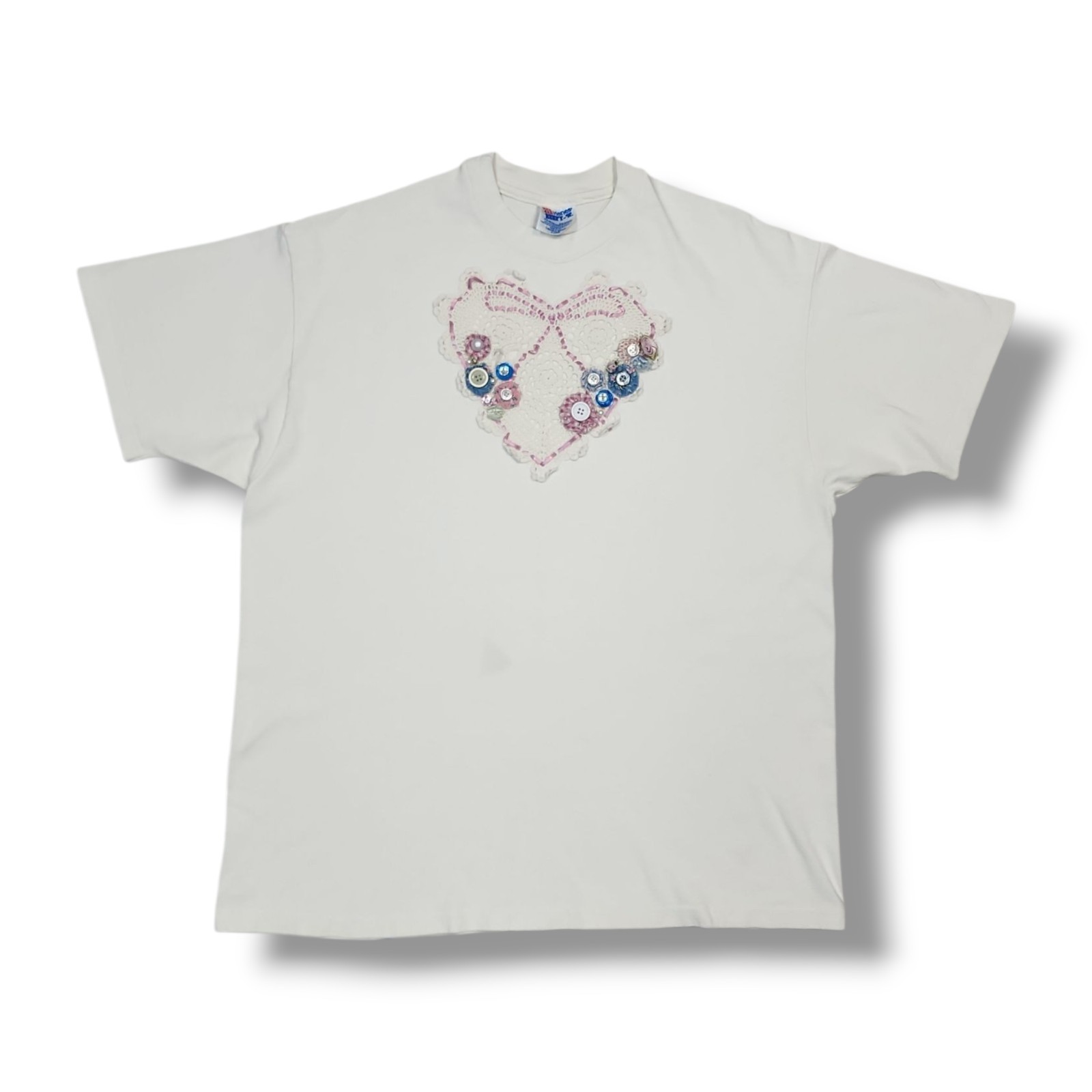 Vintage Hanes Beefy-t Crochet Heart Button Lace White 90&rsquo;s T-Shirt Unisex XL