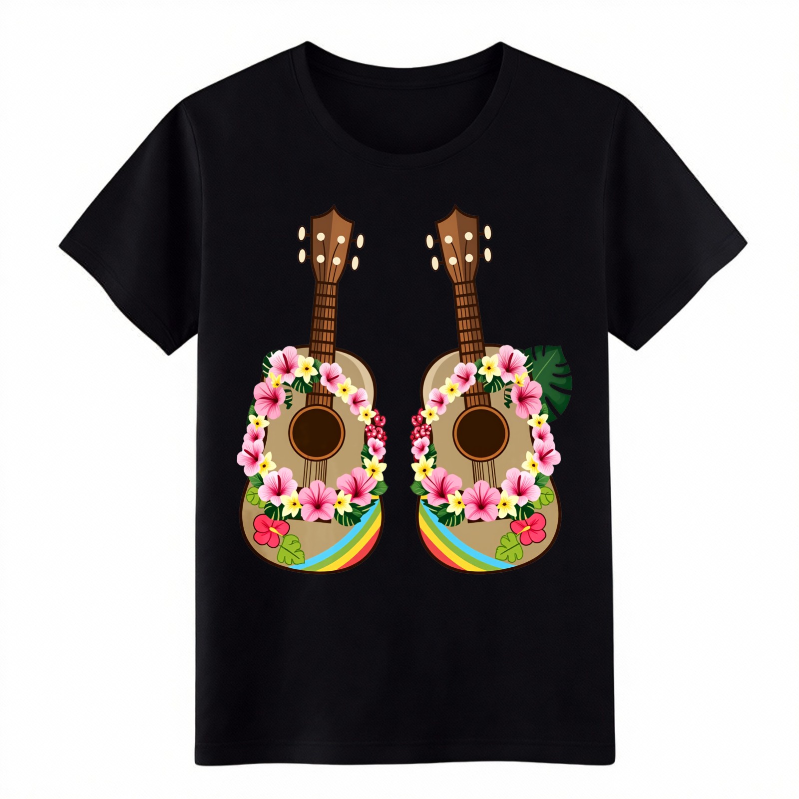 Hawaiian Luau Tropical Flower Double Ukulele Cotton Tee Beach Vacation T-Shirt