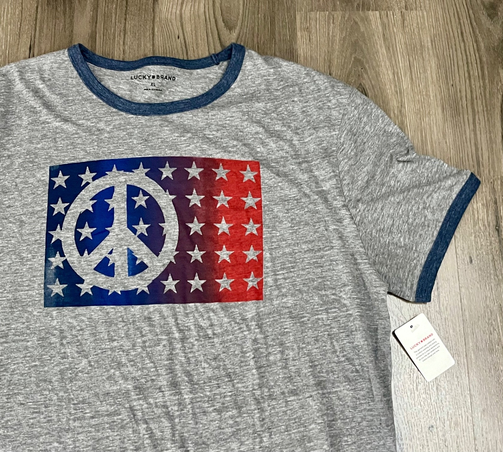 Lucky Brand American Flag Peace Sign T Shirt Gray Graphic Tee Mens L, XL – NWT