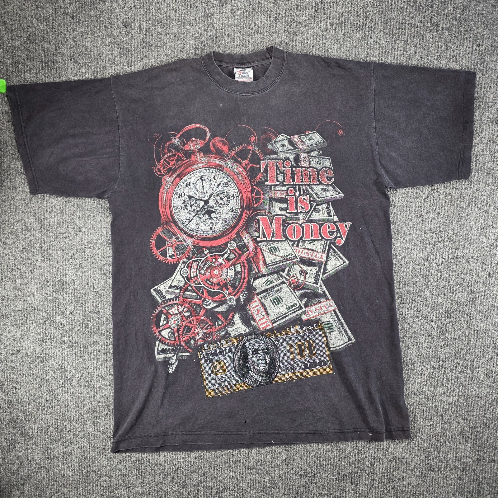 Y2K Big Tiger Time Is Money Rhinestone Graphic T Shirt Mens 2XL Tall Faded Black