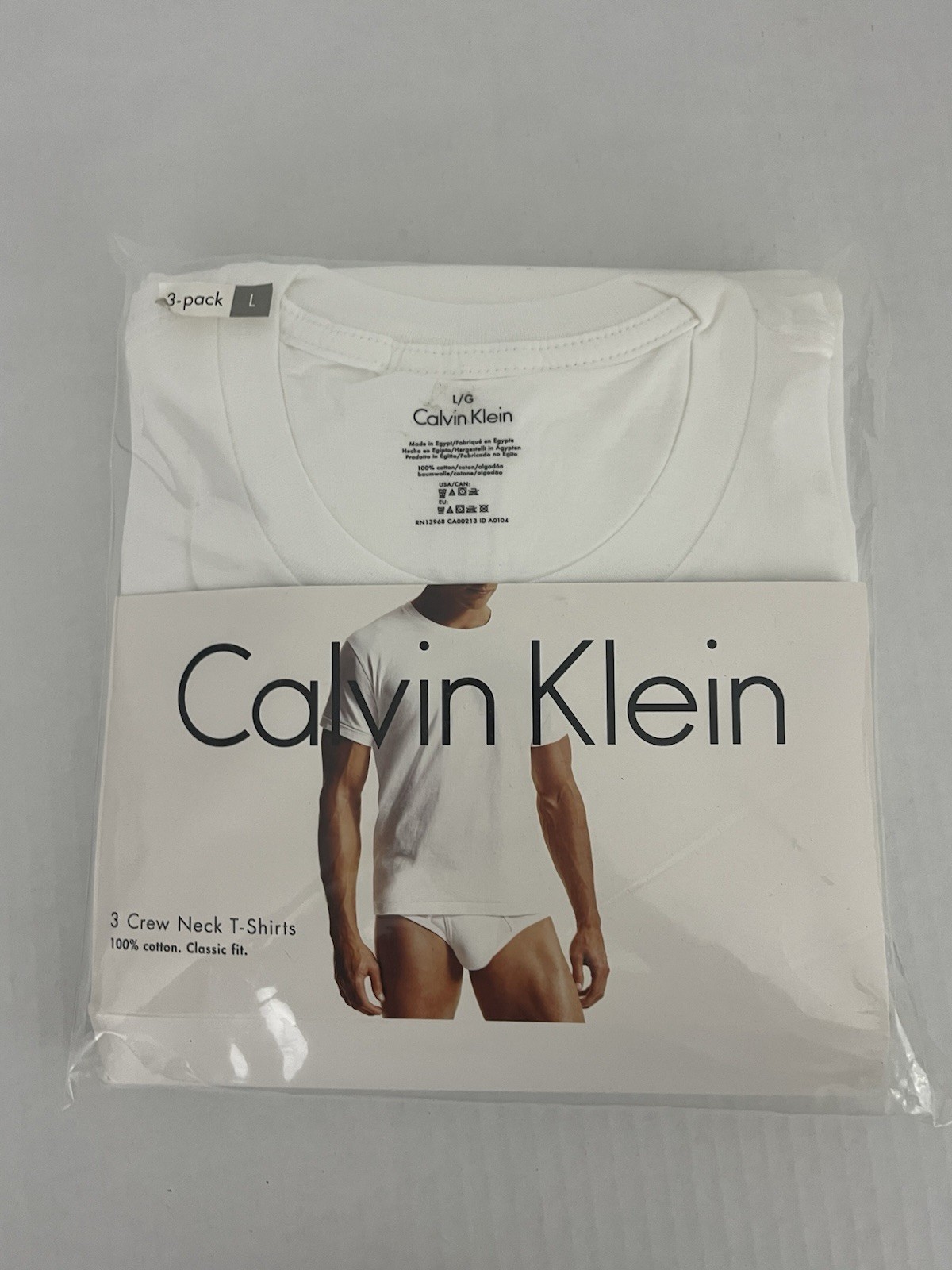 Calvin Klein 3 Pack Crew Neck T-Shirts Men&rsquo;s L 100% Cotton White Classic Fit NEW