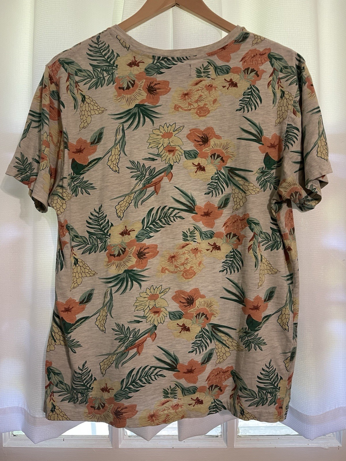 Free Planet Floral Tropical T Shirt Mens Large Beige Cotton Beach Casual Tee