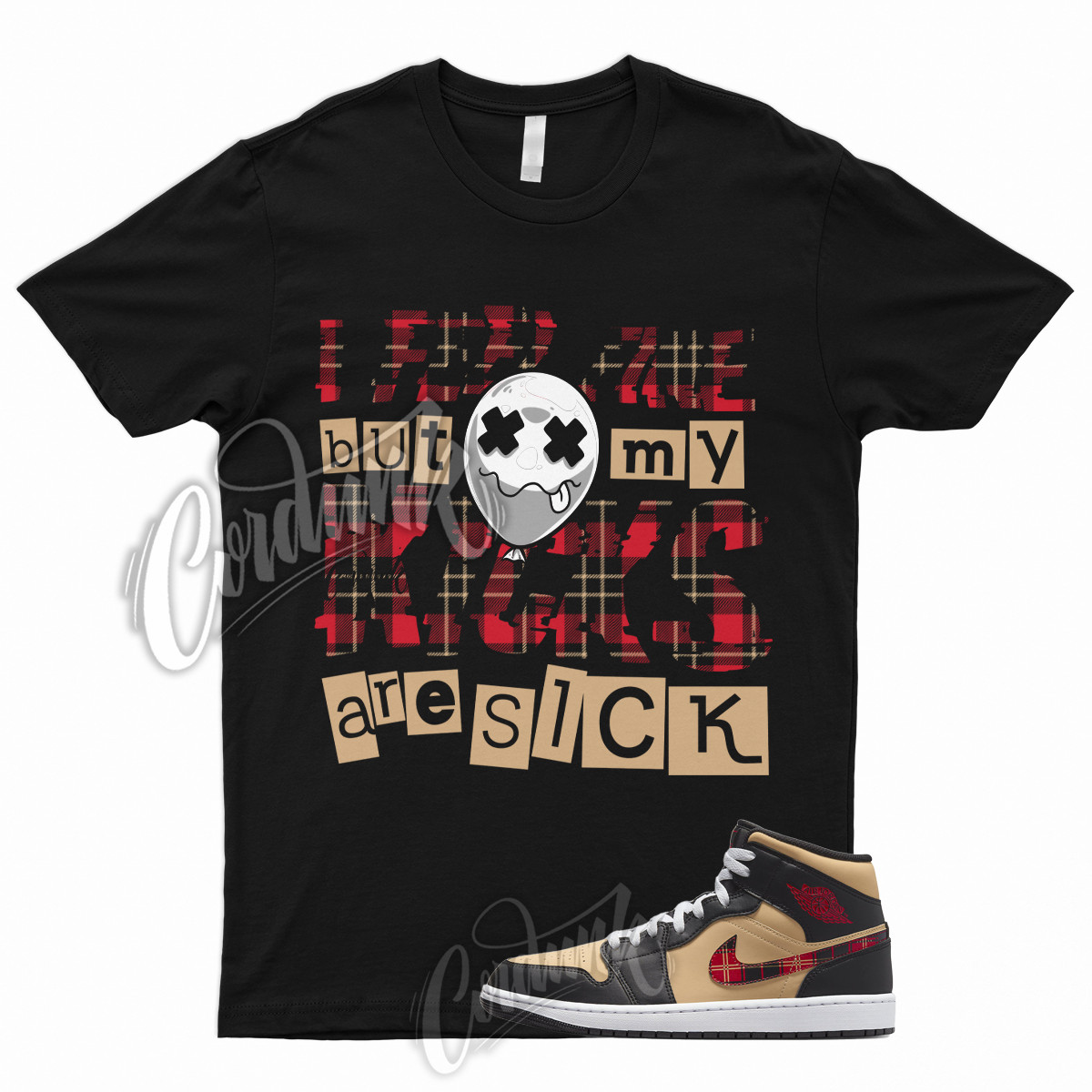 SICK T for 1 Mid Tartan Tan Black Red Plaid Shirt To Match Low High