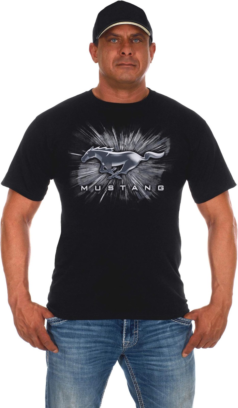 JH Design Men&rsquo;s Ford Mustang Short Sleeve Crew Neck T-Shirt Silver Burst Design