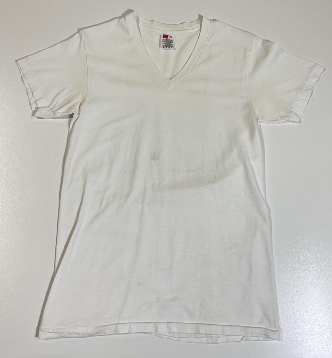 Vintage Hanes Blank White T Shirt Sz S V Neck Single Stitch Distressed 90s