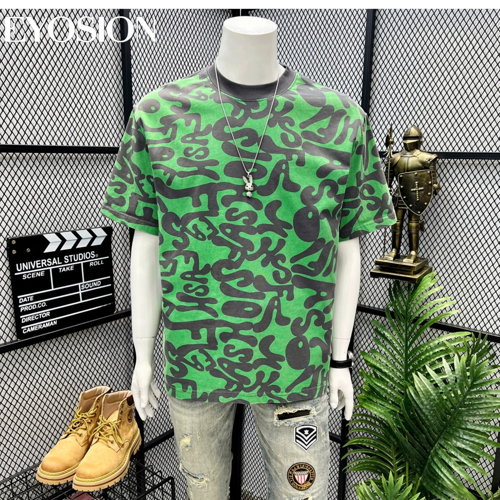 Men&rsquo;s Green Graphic T-Shirt Vintage Abstract Print Cotton Casual O-Neck Tee