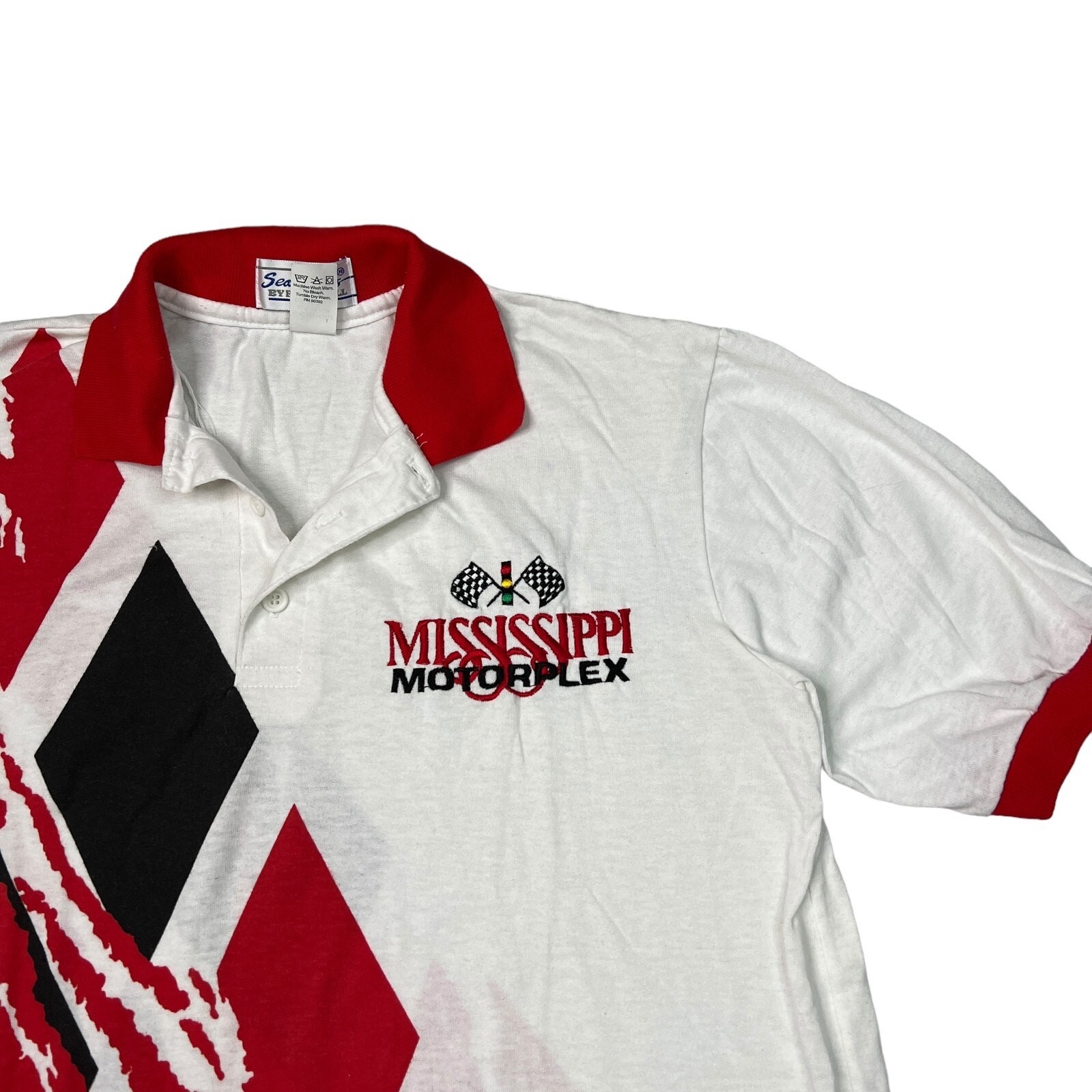 Vintage 80s Mississippi Motorplex Race Cars AOP Polo Shirt White Red Medium