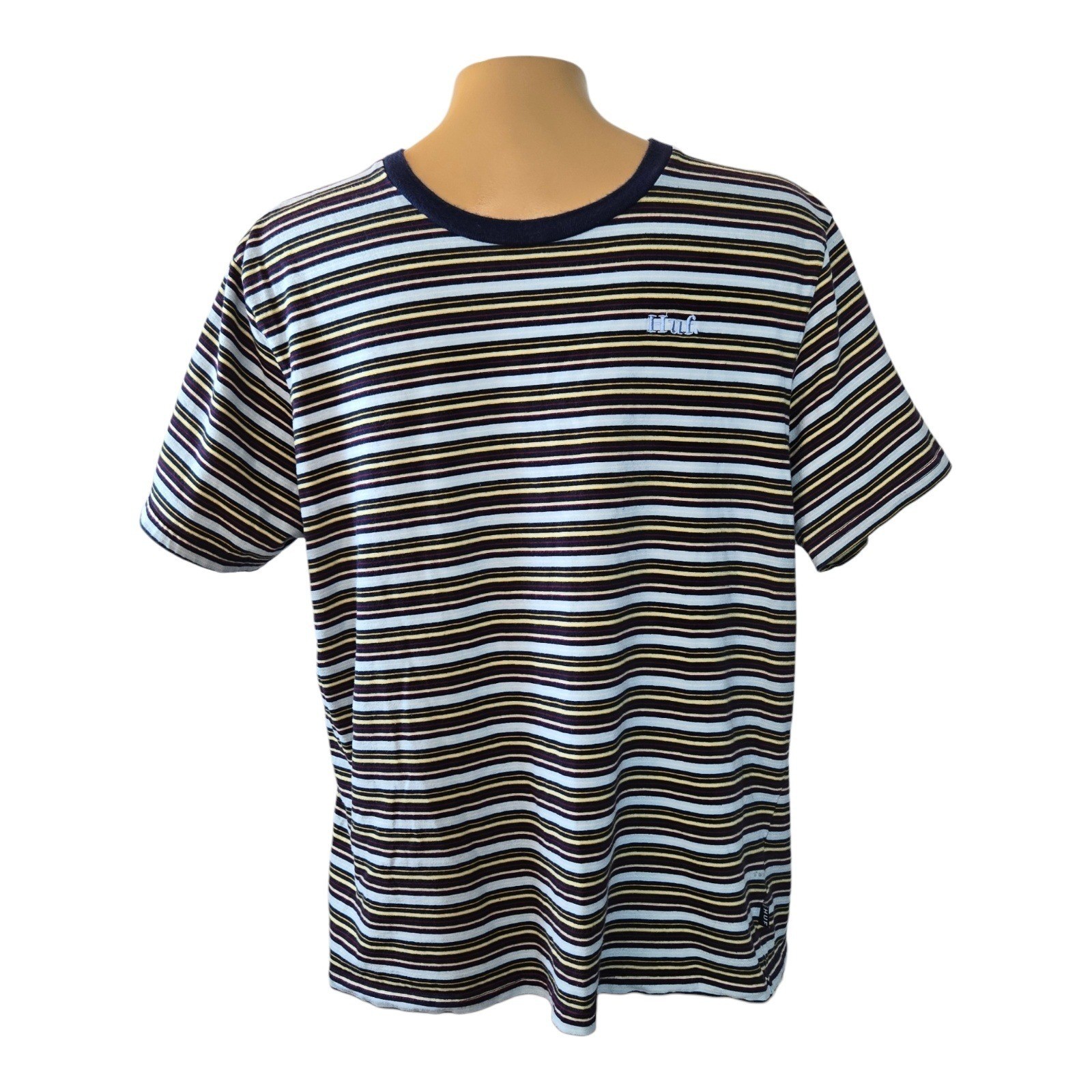 HUF Mens Striped T-Shirt Large Blue Yellow Logo Ringer Tee Blokecore Cotton