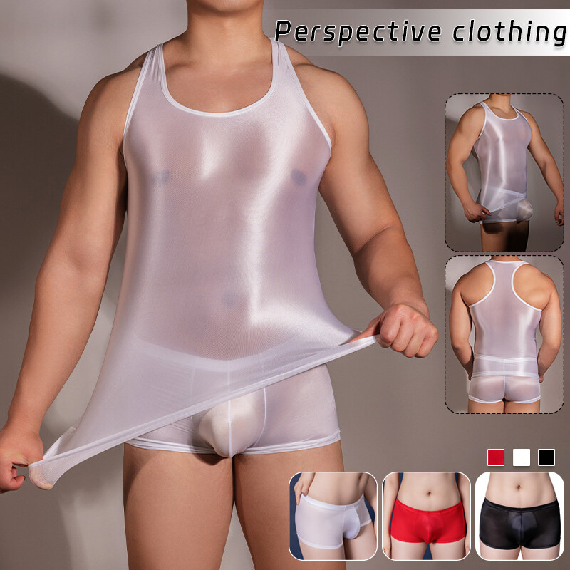 Sexy Men&rsquo;s Shiny Oil Tank Top Elastic Tank Top Transparent Fitness T-Shirt