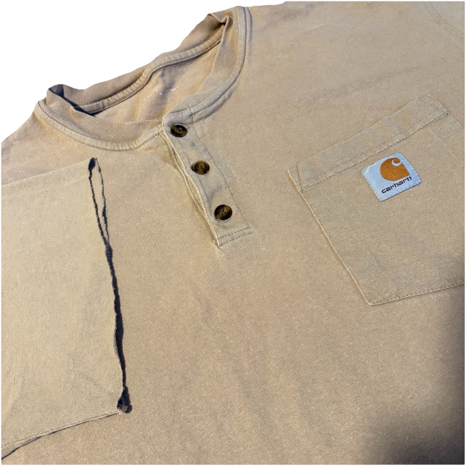 Carhartt Henley Men L Light Brown Short Sleeve Distressed T-Shirt Loose Fit Logo