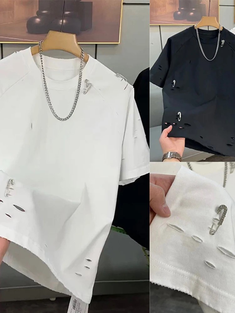 Trendy Men&rsquo;s Streetwear Distressed Cotton T-Shirt Rhinestone Pin Casual Top