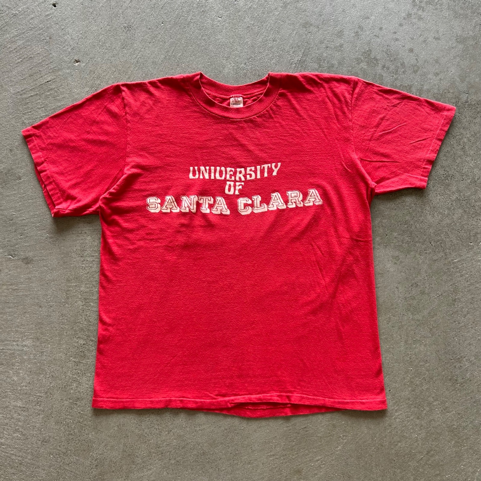 Vintage 70s Santa Clara University Shirt Size Large Red SCU Broncos Water Print