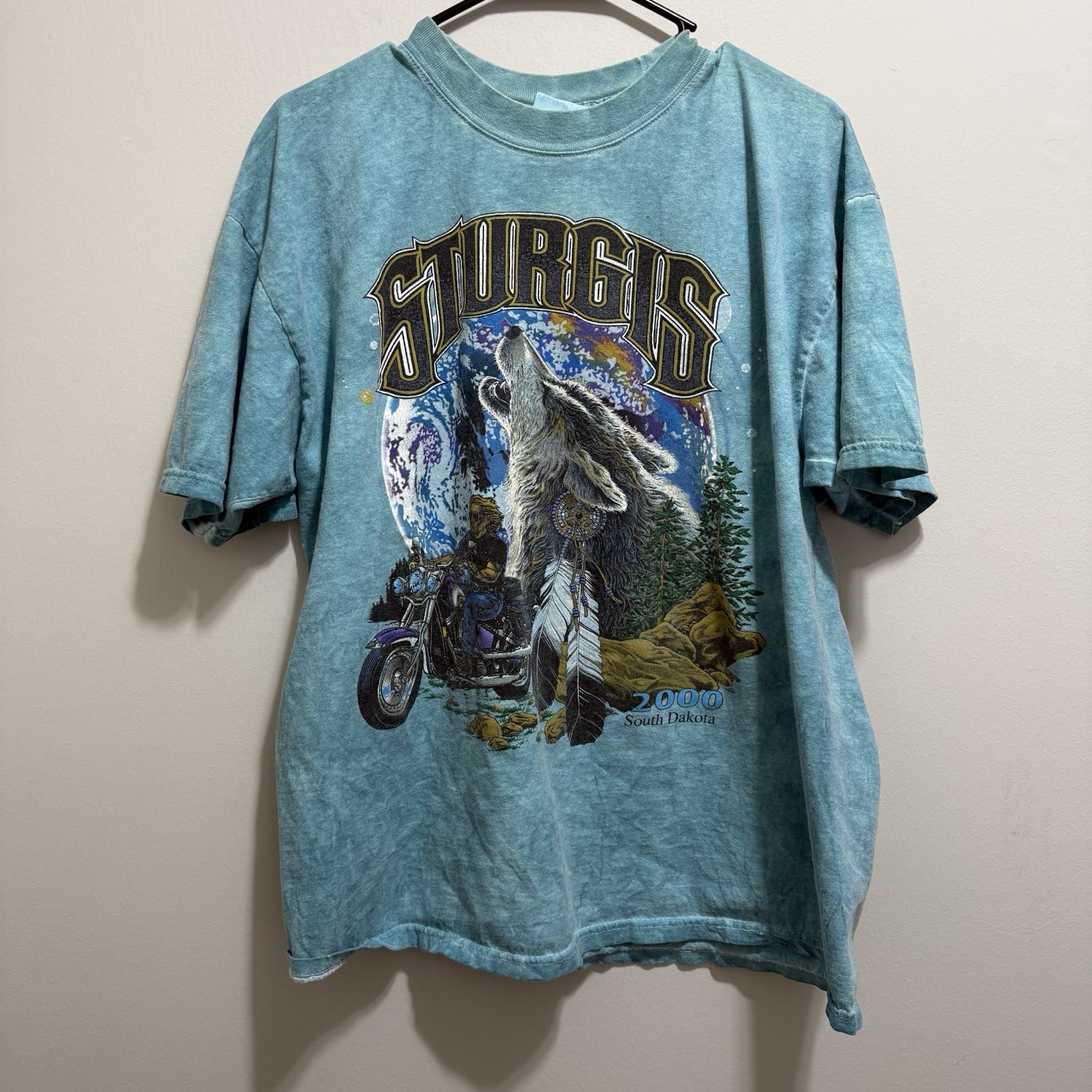 Vintage Sturgis Bike Week 2000 T Shirt Mens XL Blue Faded Biker Motorcycle Wolf