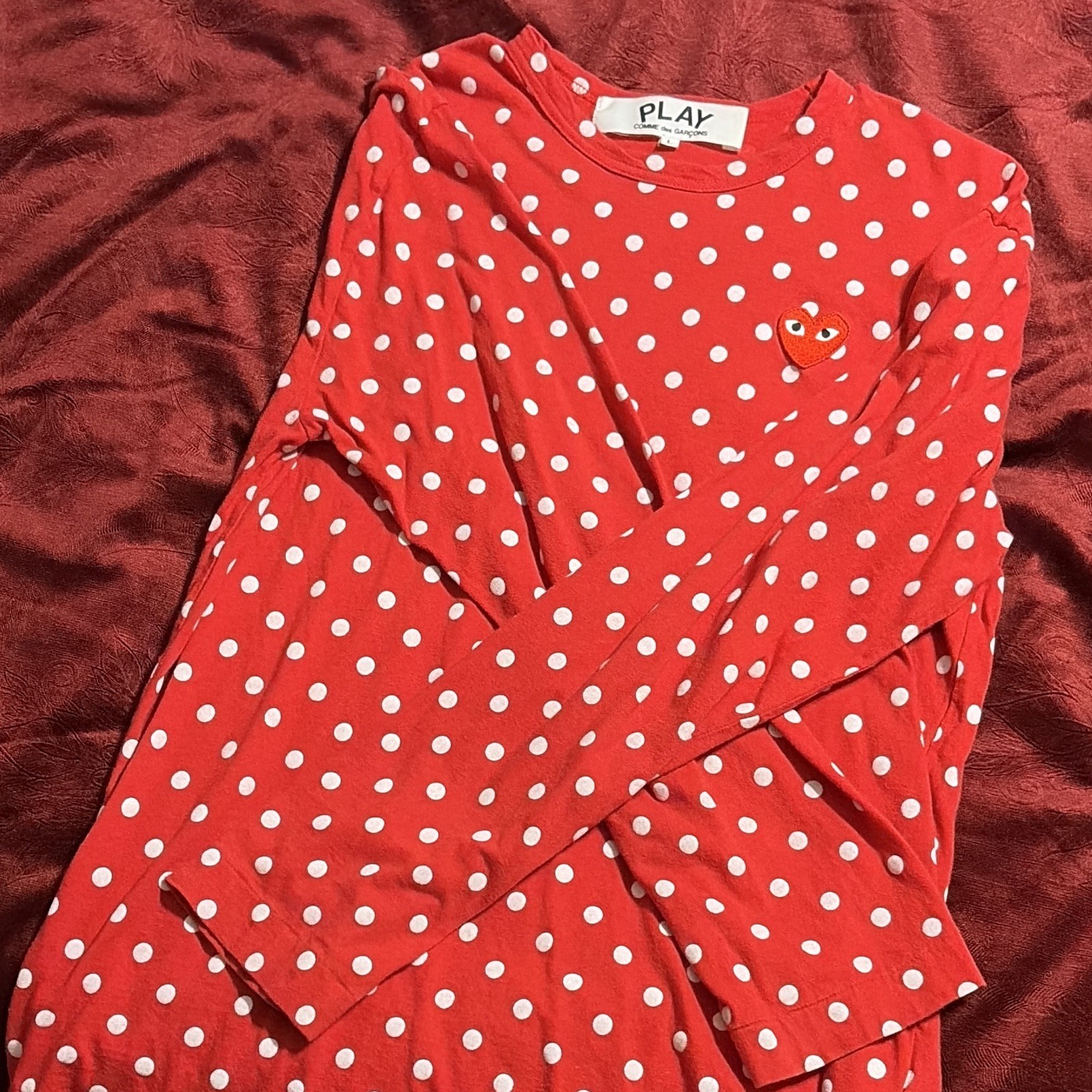 Comme des Garcons Play Red Polka Dot Long Sleeve T-Shirt Size L Red Heart Logo