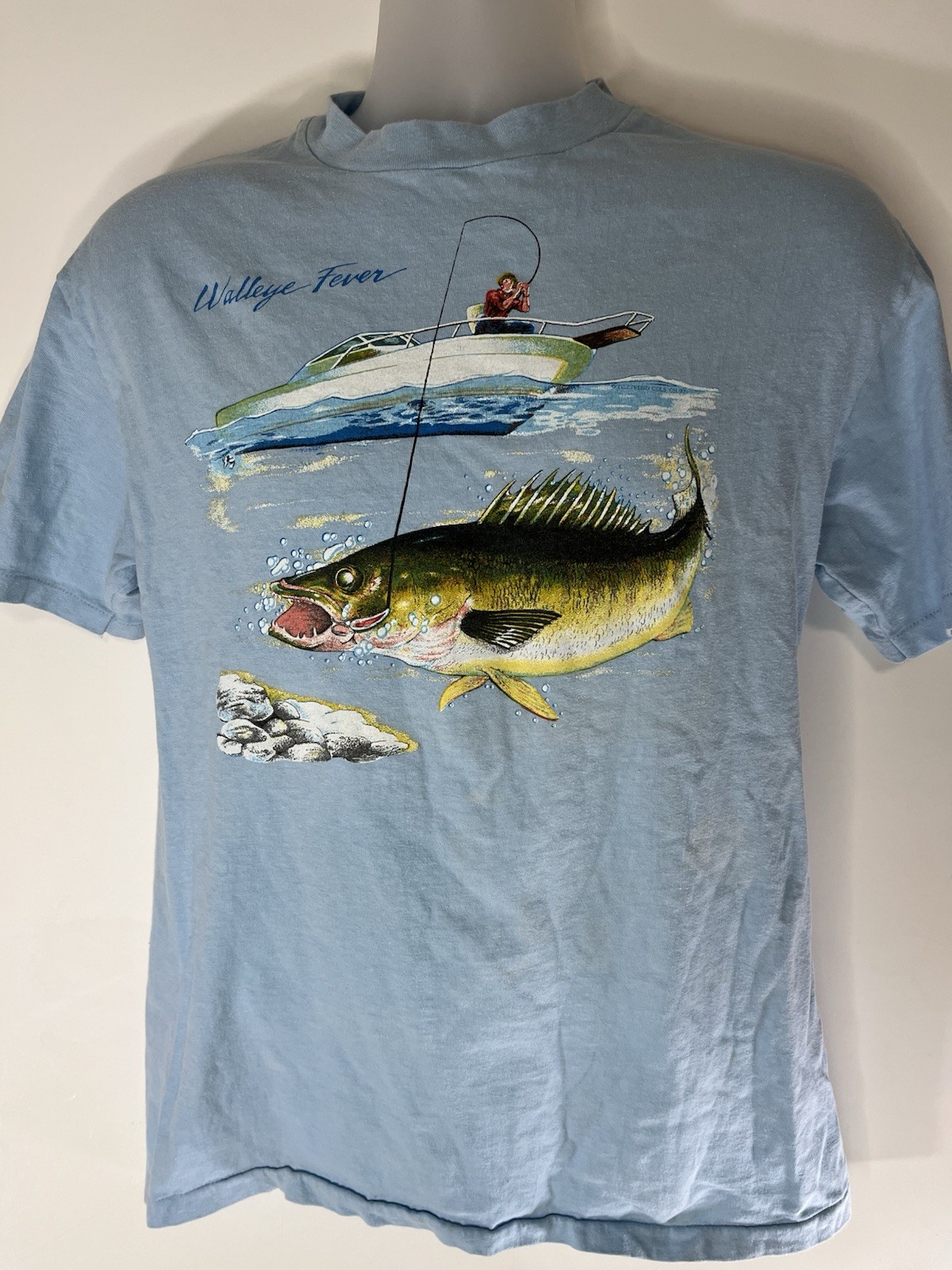 Vintage 80s Walleye Fishing Fish T-Shirt Size Large Distressed Animal Nature