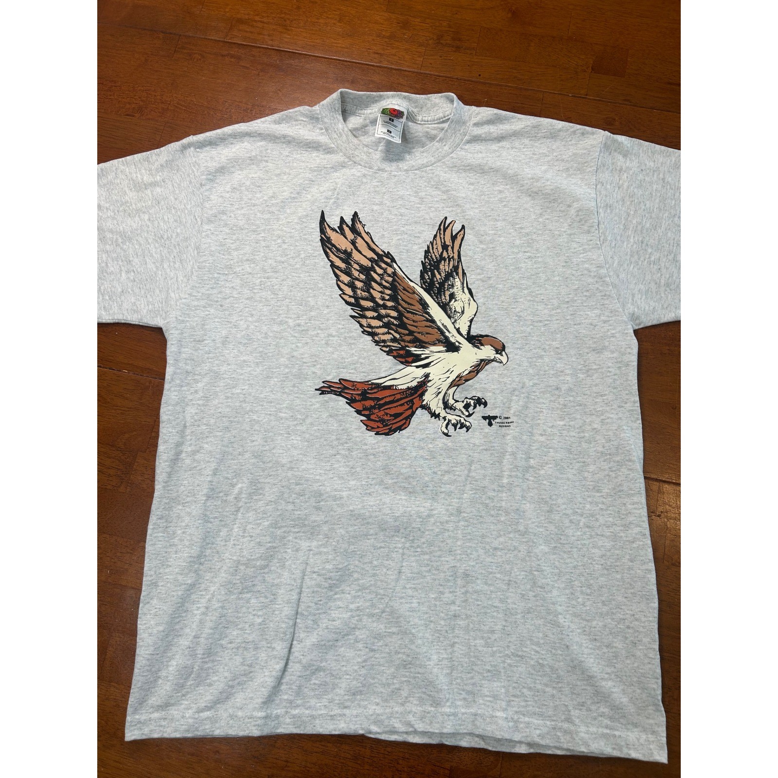 Vintage Y2K Fruit of the Loom T-Shirt Mens Large Gray Thunderbird Designs Hawk