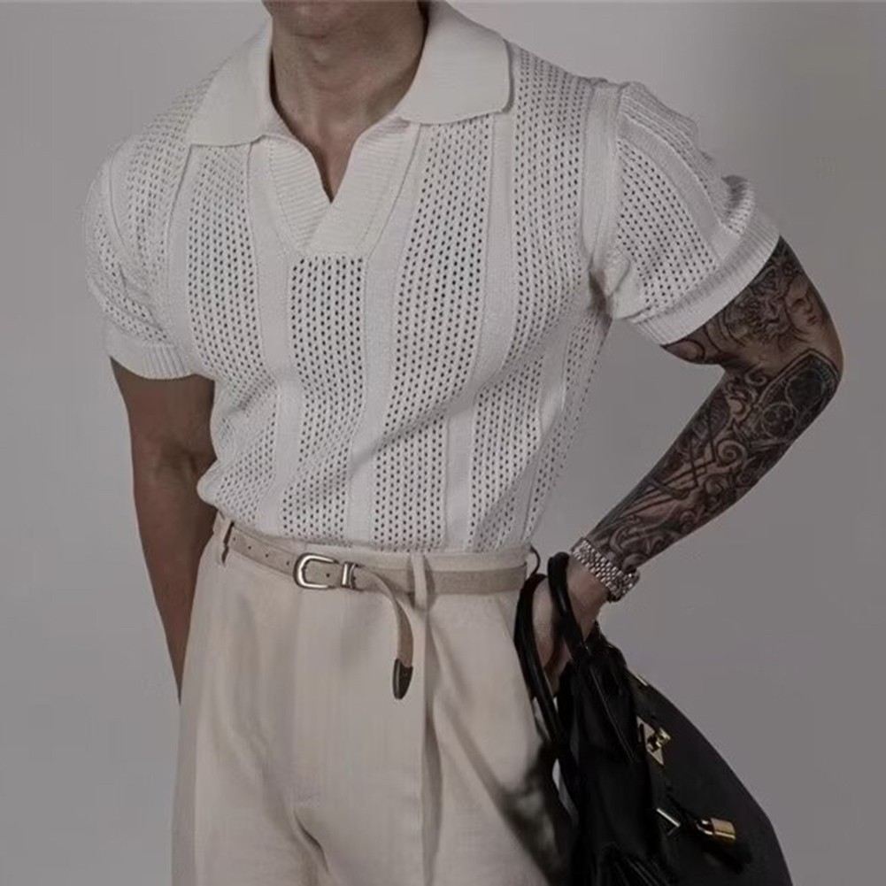 Men Hollow Lapel T Shirt Knitted Texture Fabric Korean Style for Daily Outings