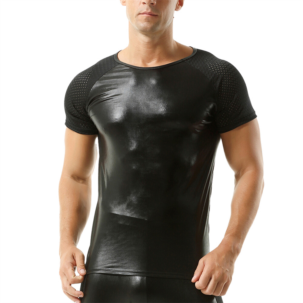 Men Elastic Oil Shiny Faux Leather Tops Fitness Short Sleeve T-shirts Stage Tees