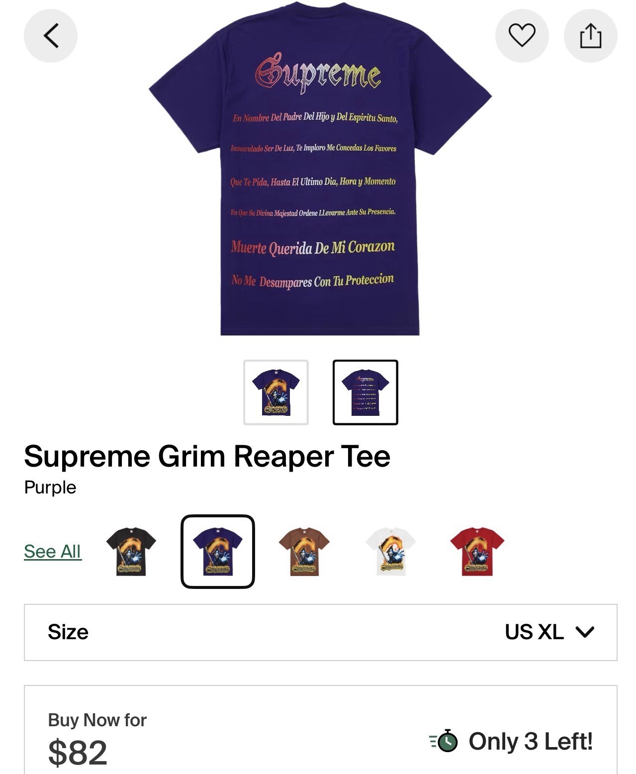 Supreme Grim Reaper Tee SS26 Purple Size XL Brand New In Hand