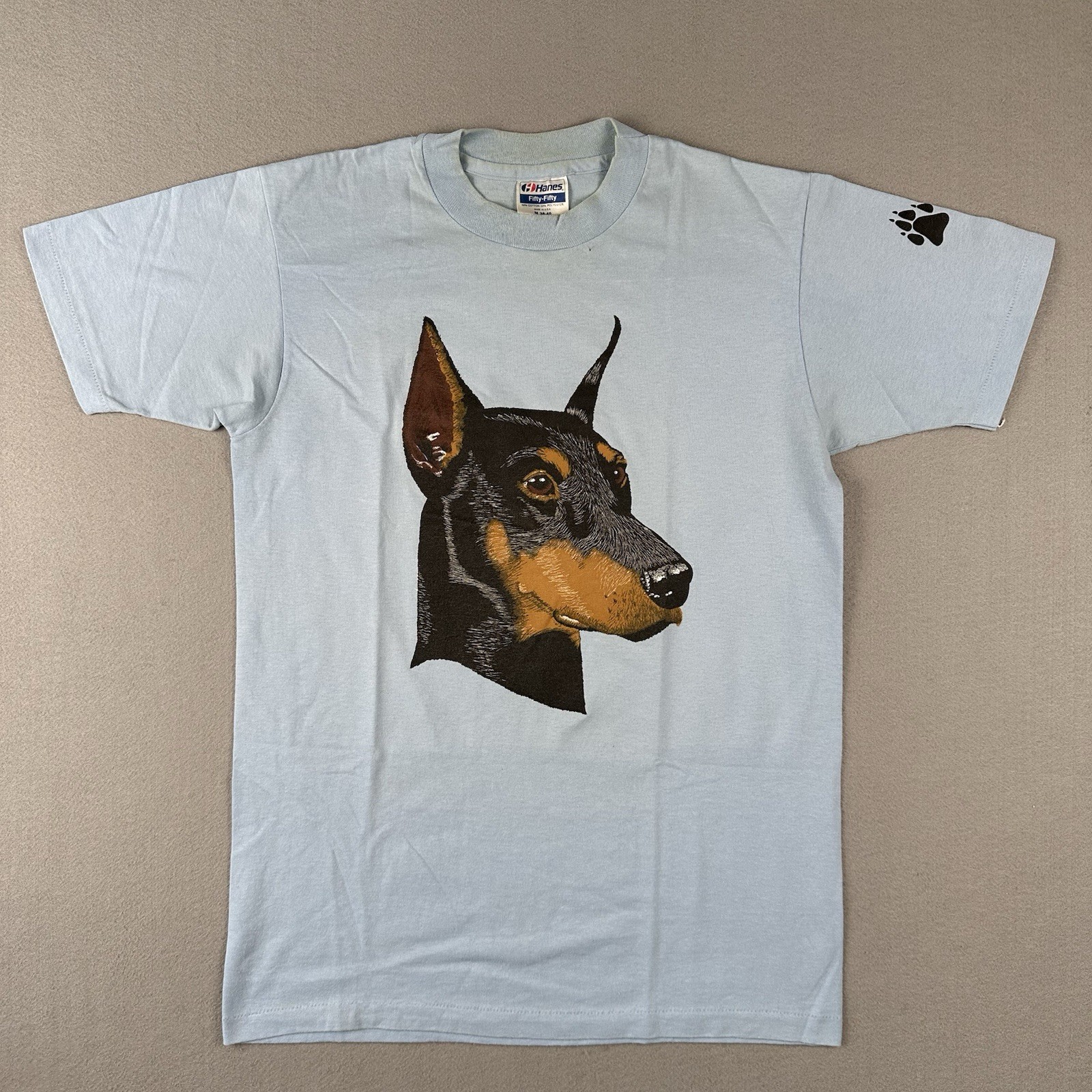 Vintage 80s Doberman Dog Shirt Mens Medium Blue Single Stitch Short Sleeve
