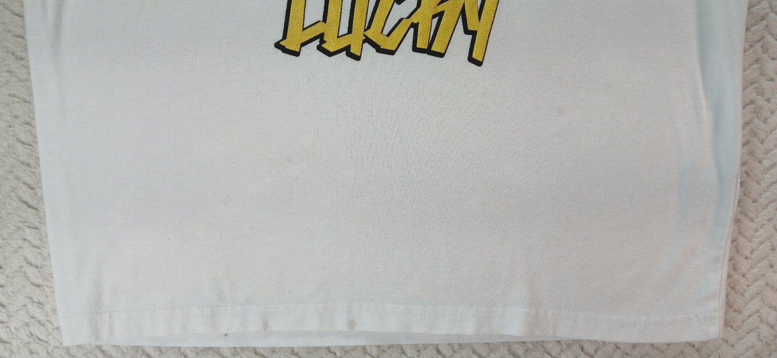 Fat Gaup – Size Small – Embroidered – Get Lucky – White T Shirt – 60/40 cot/poly