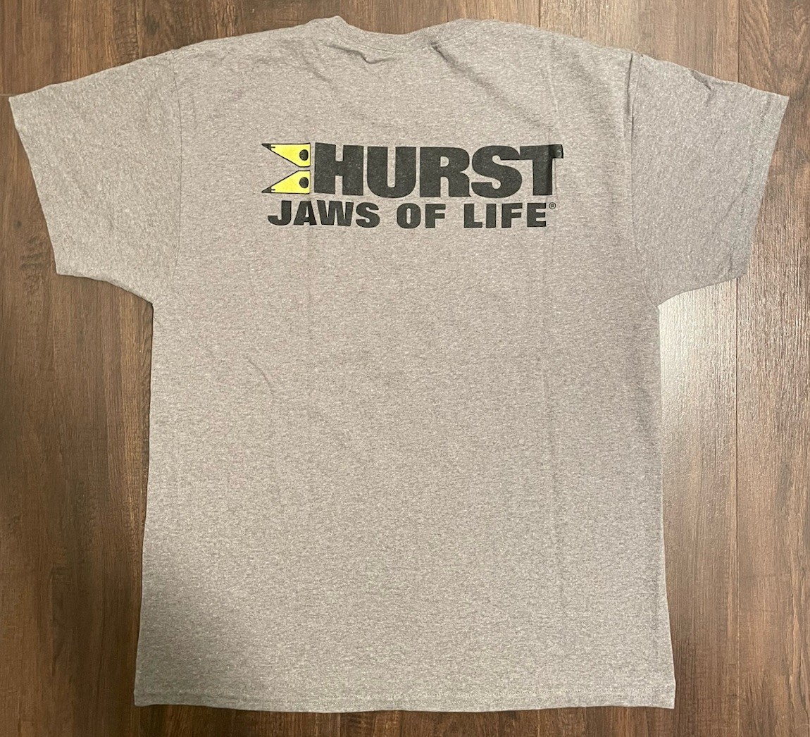 MENS FIREMATIC HURST JAWS OF LIFE GRAY HEATHERED TSHIRT SIZE LARGE