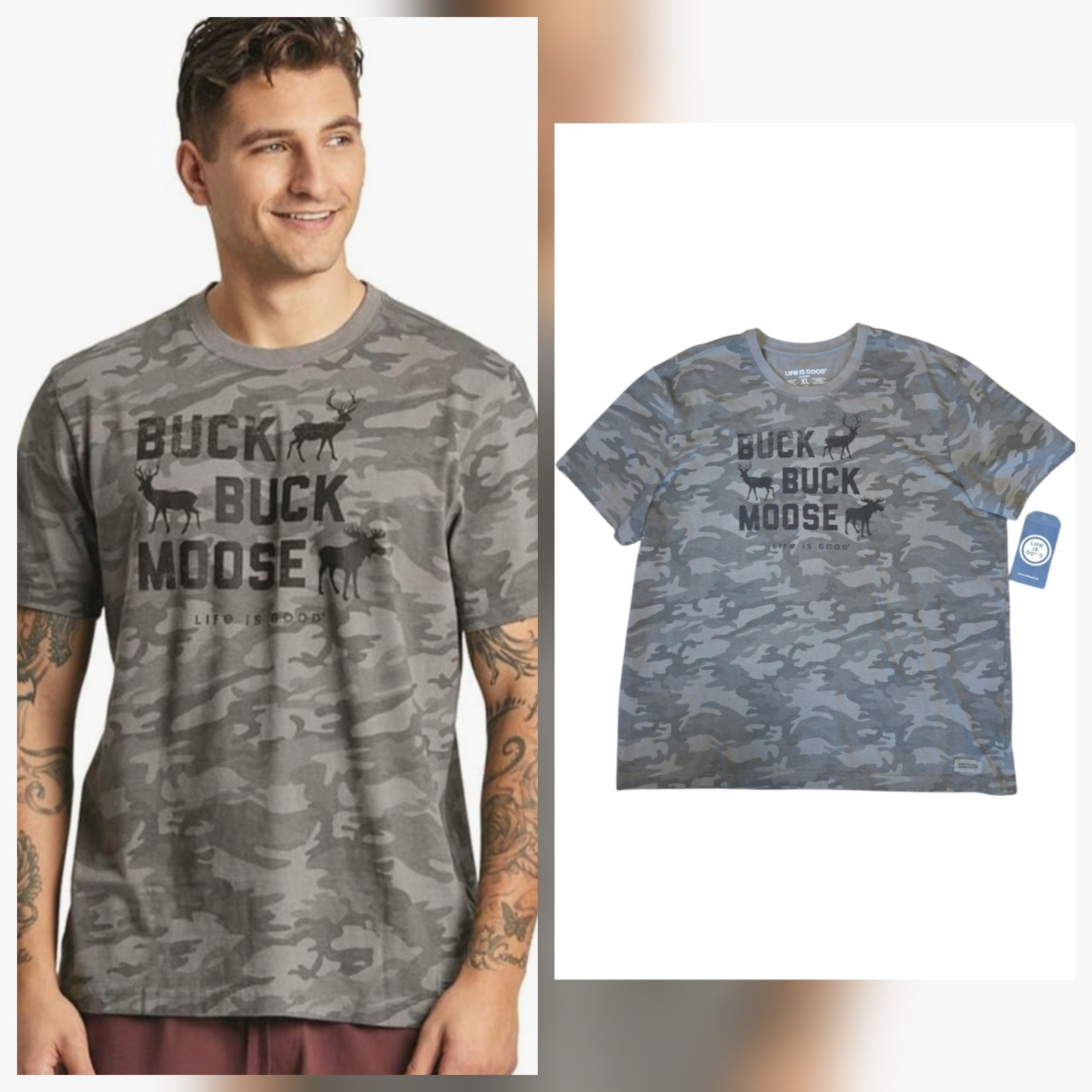 Mens LIFE IS GOOD Buck Buck Moose Camo Short Sleeve Shirt Crusher Tee XL Hunting