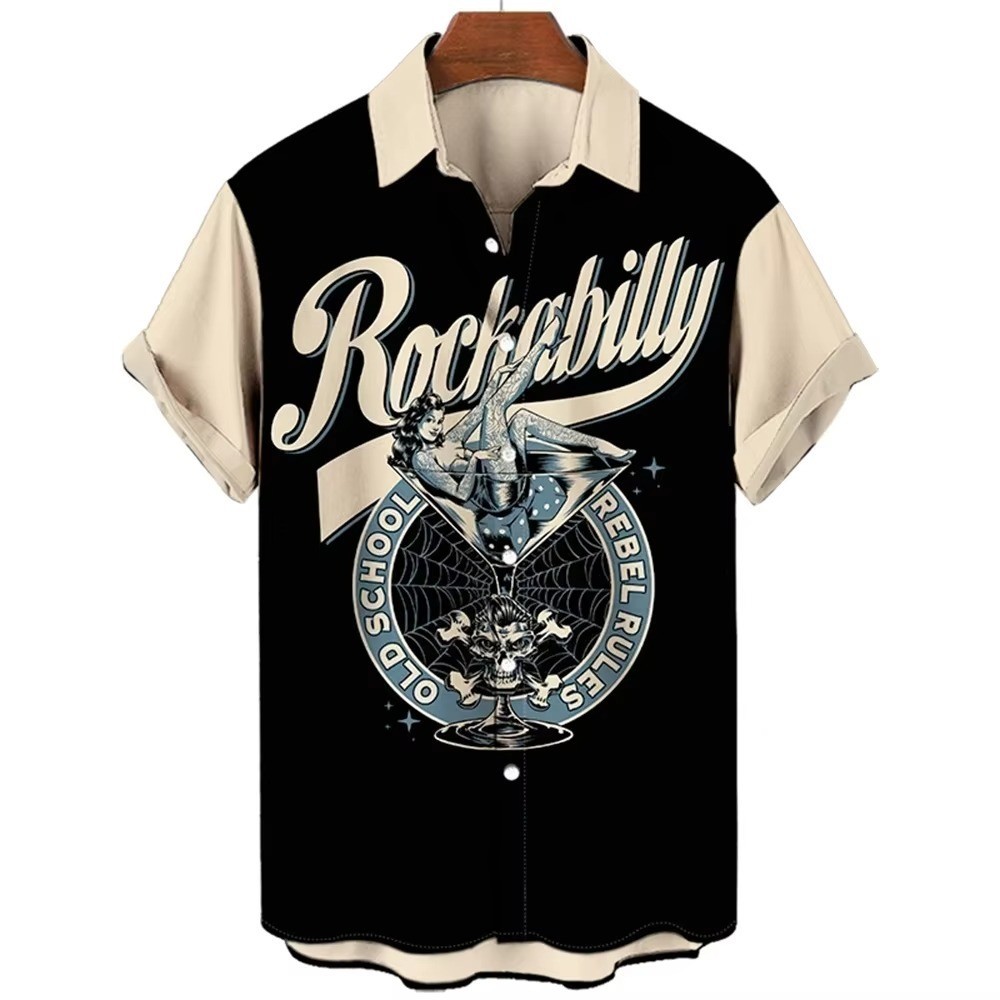 Mens Button Down Rockabilly Boogie Pinup Hawaiian Top Novelty Holiday Gift Shirt