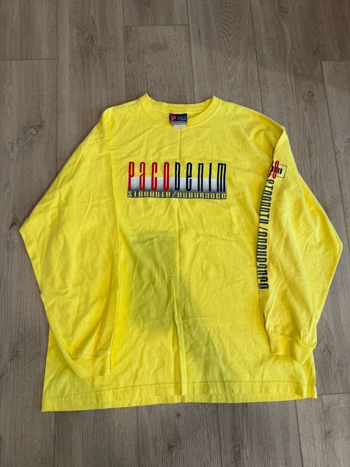 Vintage 90s Paco Sport Long Sleeve T-Shirt Yellow Strength/Endurance Graphic