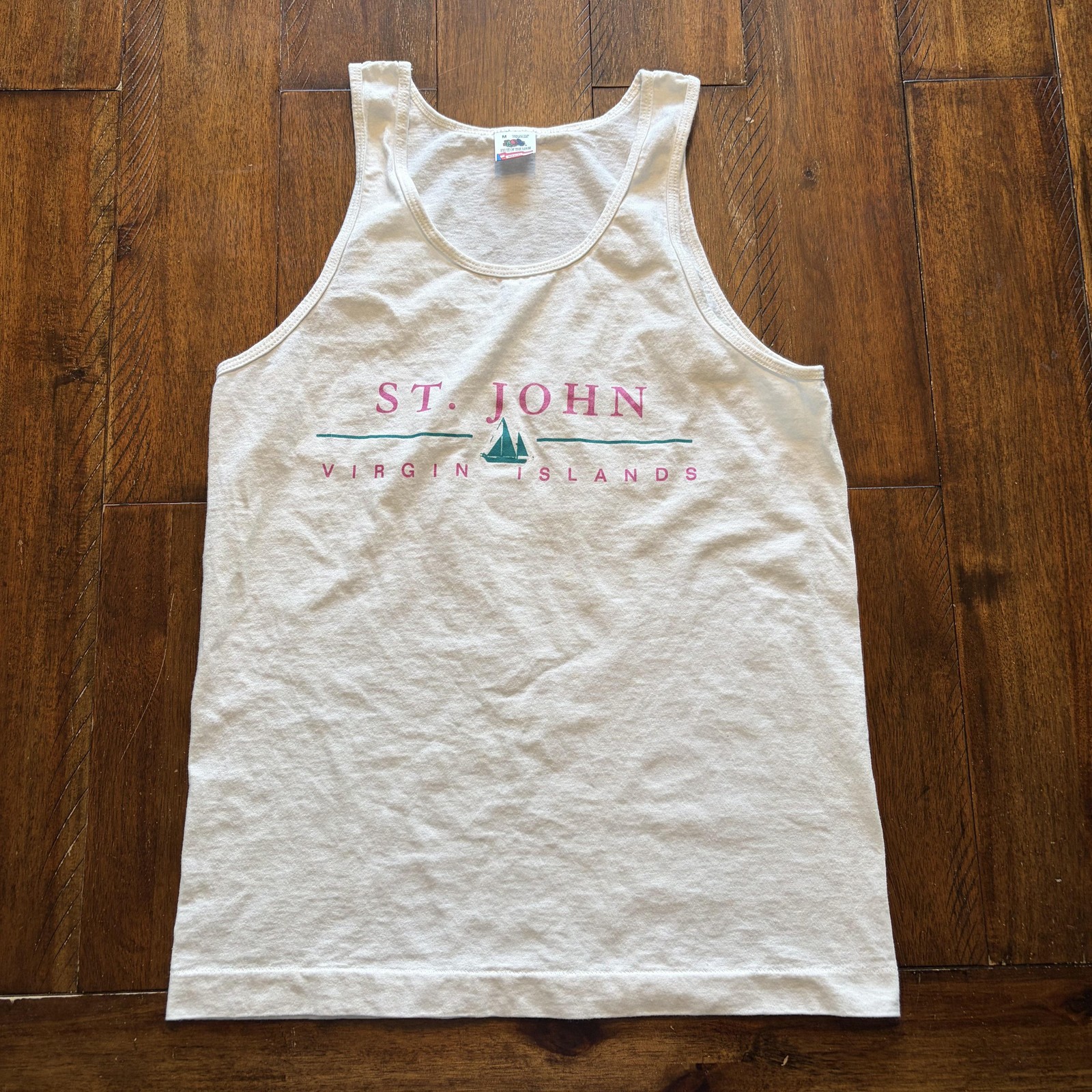 St John Virgin Islands Shirt Mens Medium White Tank Top Fruit Of The Loom Tee