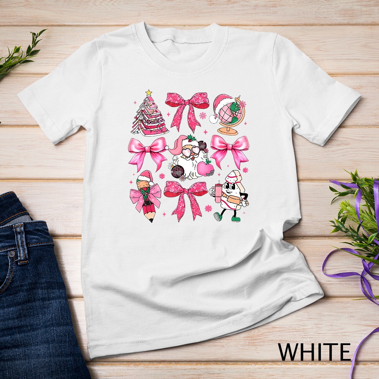Women Pink Santa Teacher Christmas Coquette Bow Pencil Santa Unisex T-shirt