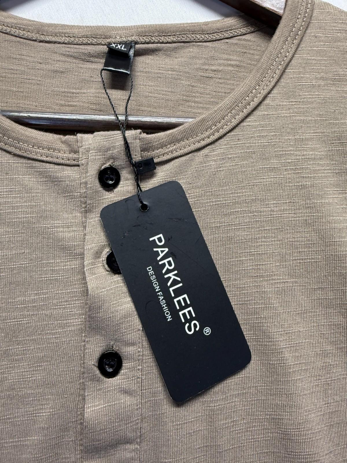 Parklees Shirt Mens 2XL Taupe Slub Texture Henley Neck 4 Button Placket Casual