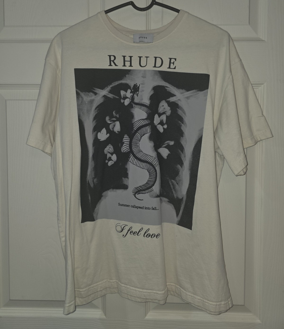 RHUDE Men&rsquo;s White Graphic Logo Cotton Jersey Crew Neck Short Sleeve T-Shirt S
