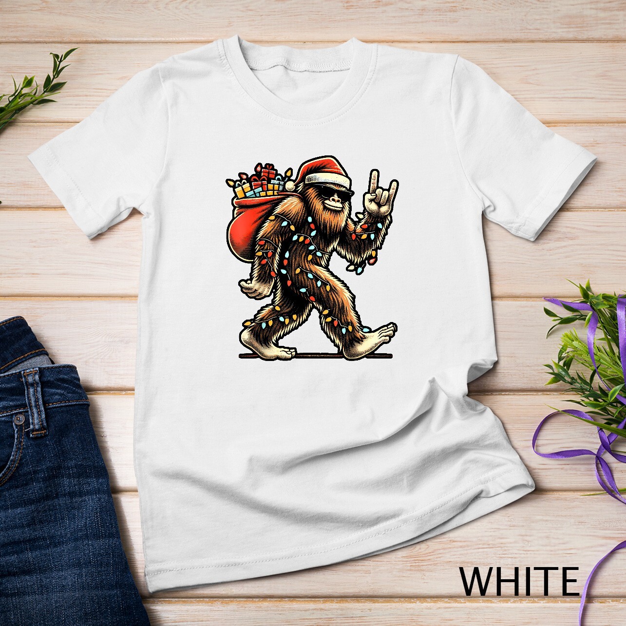 Santa Bigfoot Christmas Lights Rock Funny Sasquatch Believe Unisex T-shirt