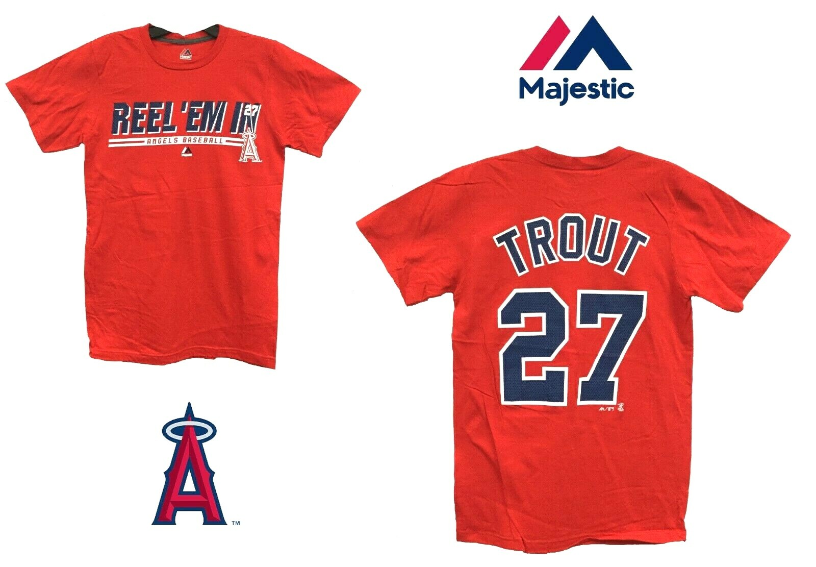 Red Los Angeles Angels Baseball Mike Trout #27 Reel ‘Em In 100% Cotton T-Shirt