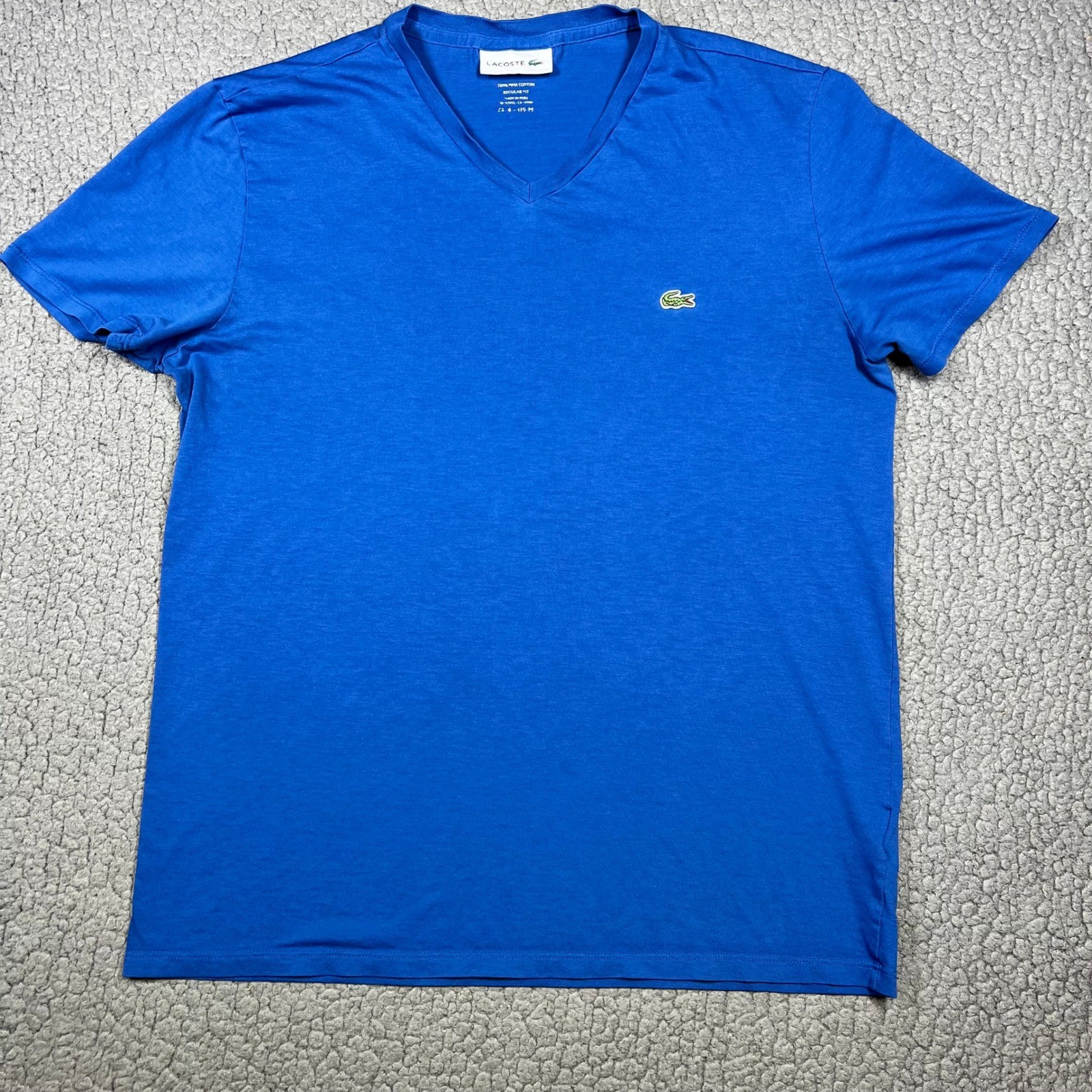 Lacoste Mens Pima Cotton V-Neck T-Shirt Blue Regular Fit Logo FA10614 Size 4 M