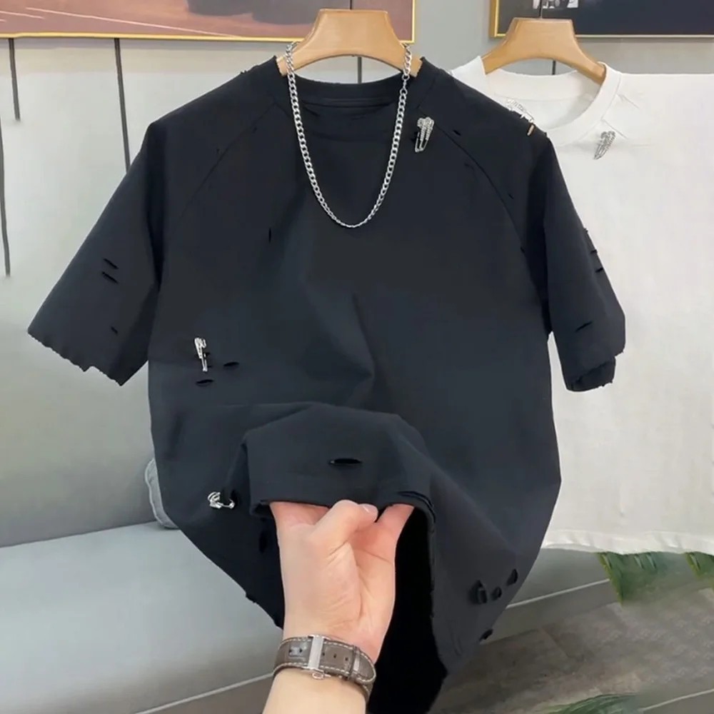 Trendy Men&rsquo;s Streetwear Distressed Cotton T-Shirt Rhinestone Pin Casual Top