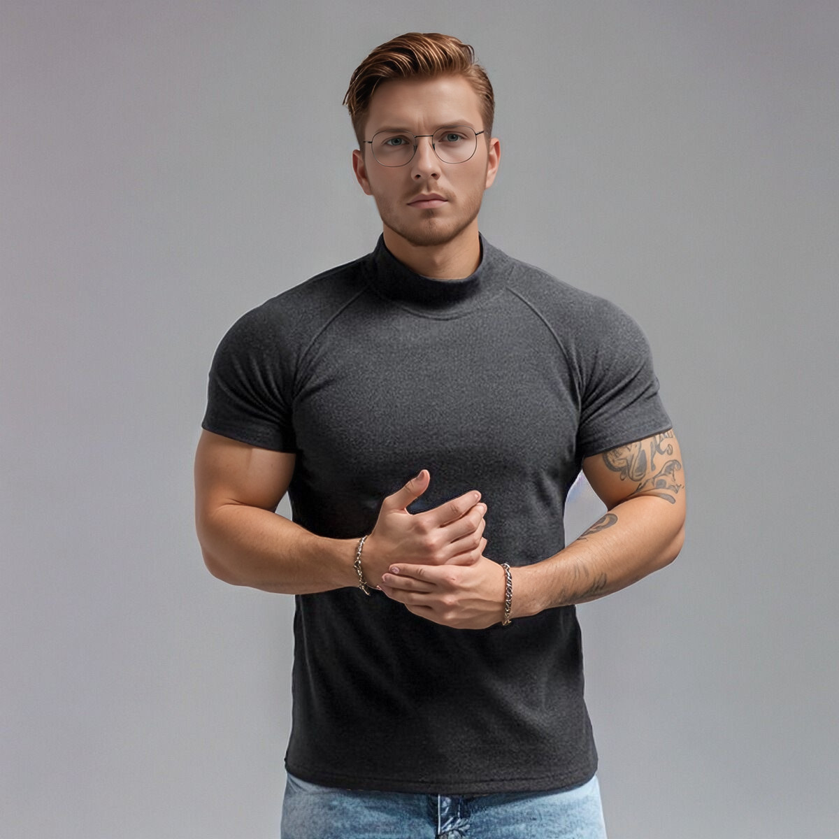 Men&rsquo;s Muscle Slim Fit T Shirt Streetwear Solid Colors Gym High Neck