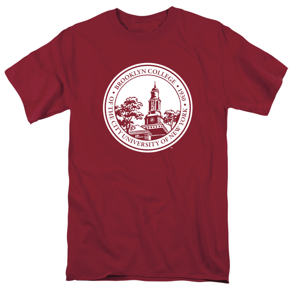 Brooklyn College Adult T-Shirt Plaid Badge, Garnet, S-3XL