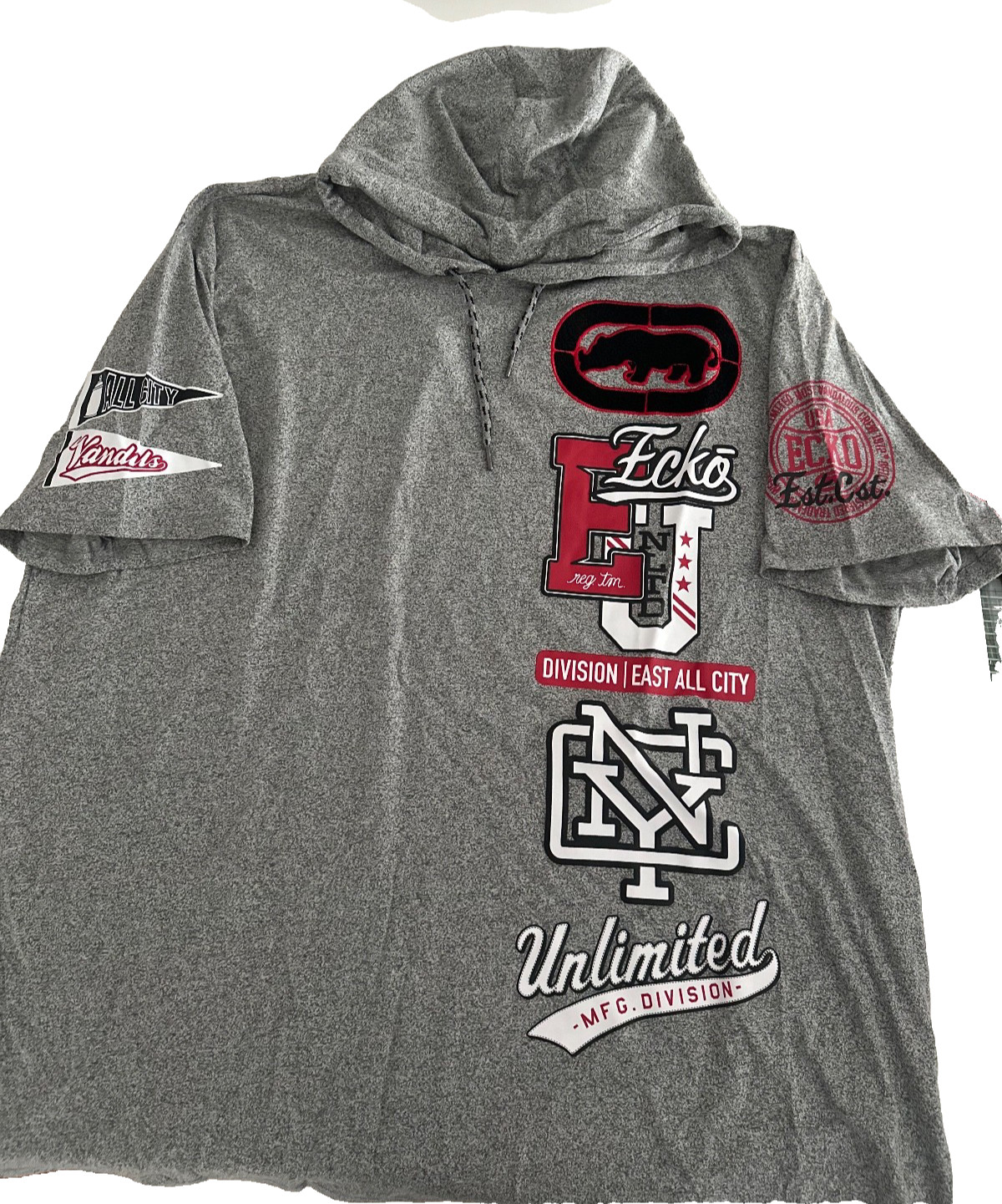 Ecko Unltd. Grey Marled S/S Logo Divison/East All City Tee W Hood Size 4XL