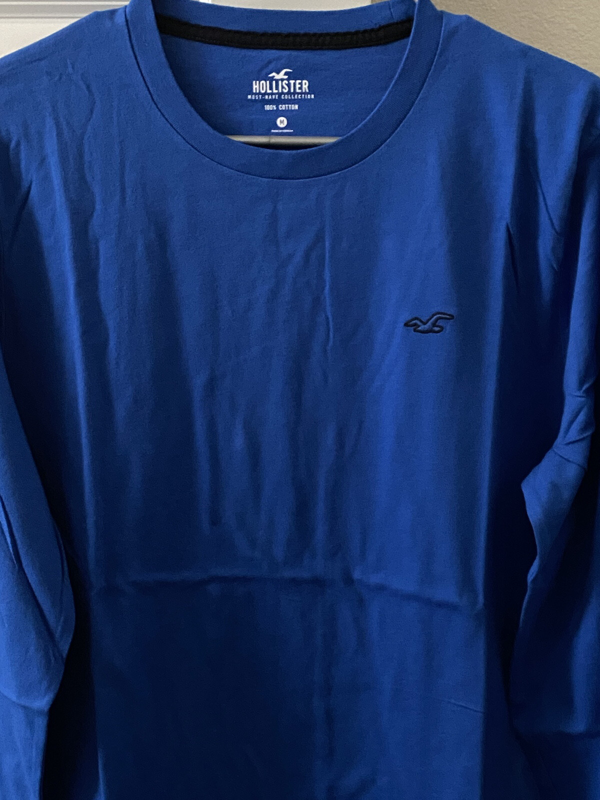 Hollister Men’s Medium Size Blue Long Sleeve Cotton Solid Graphic Tee