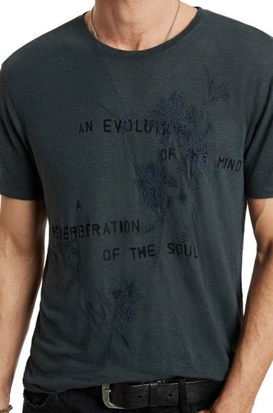 John Varvatos Men&rsquo;s Evolution Floral Embroidery Linen SS Crew T-Shirt Dried Sage