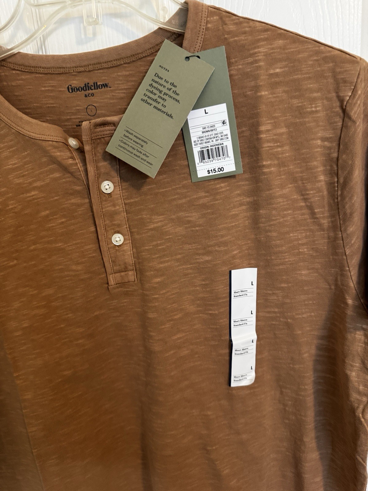 Goodfellow & Co Men&rsquo;s L Brown Solid Henley Neck Button Cotton Jersey T-Shirt