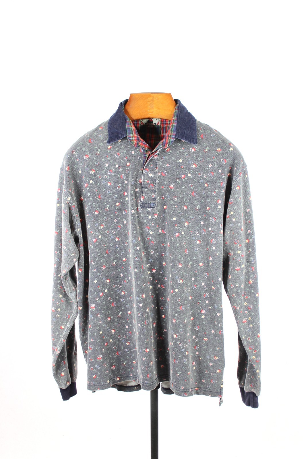 Vintage CLUB MONACO Dark Blue Floral Cotton Thermal Polo Henley T-Shirt, Size XL