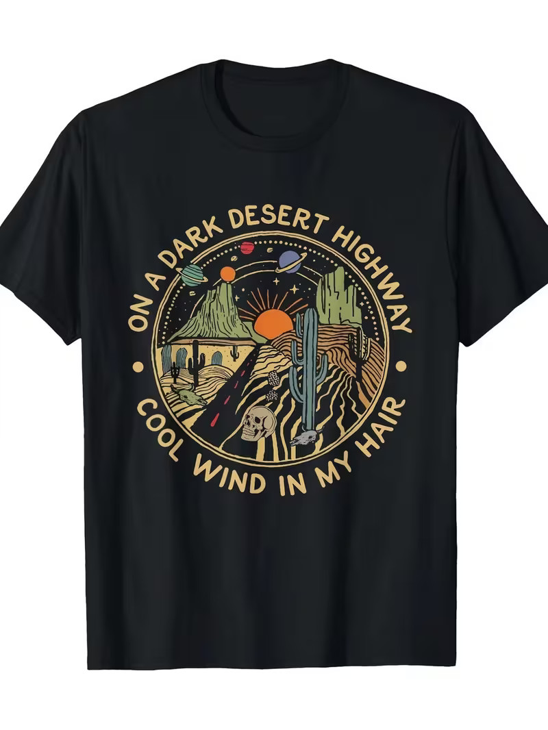 Men&rsquo;s Desert Graphic T-Shirt – Black Tee with Cactus, Sun, Rocks & « On a Dark De