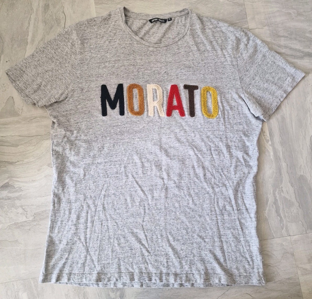 Antony Morato Men&rsquo;s Grey Marl T-Shirt XL Multicoloured Chenille Embroidered