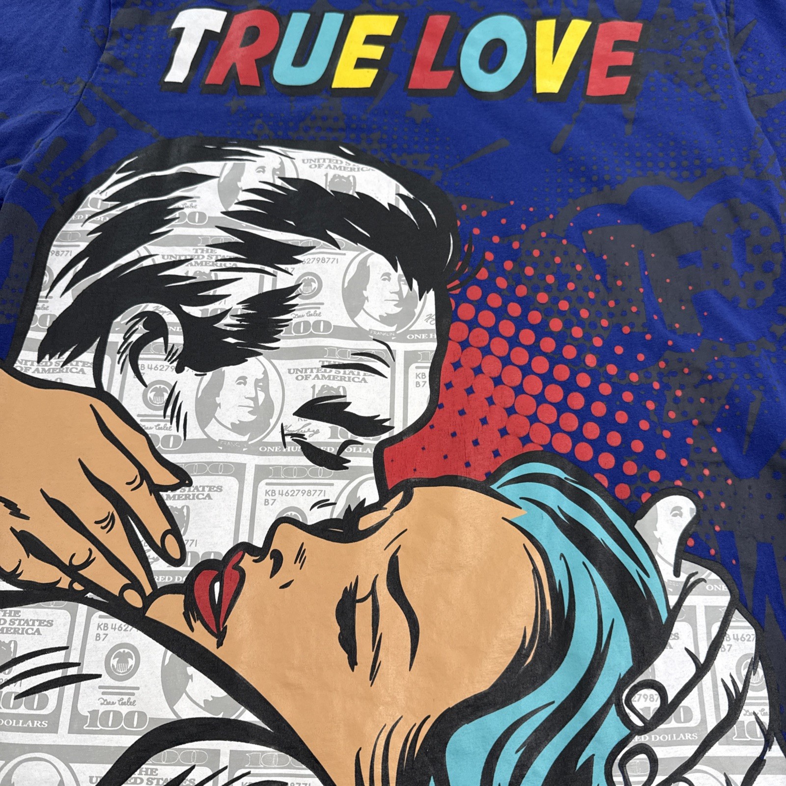 Contender True Love Shirt Blue Pop Art Money Print Tee Men’s Large