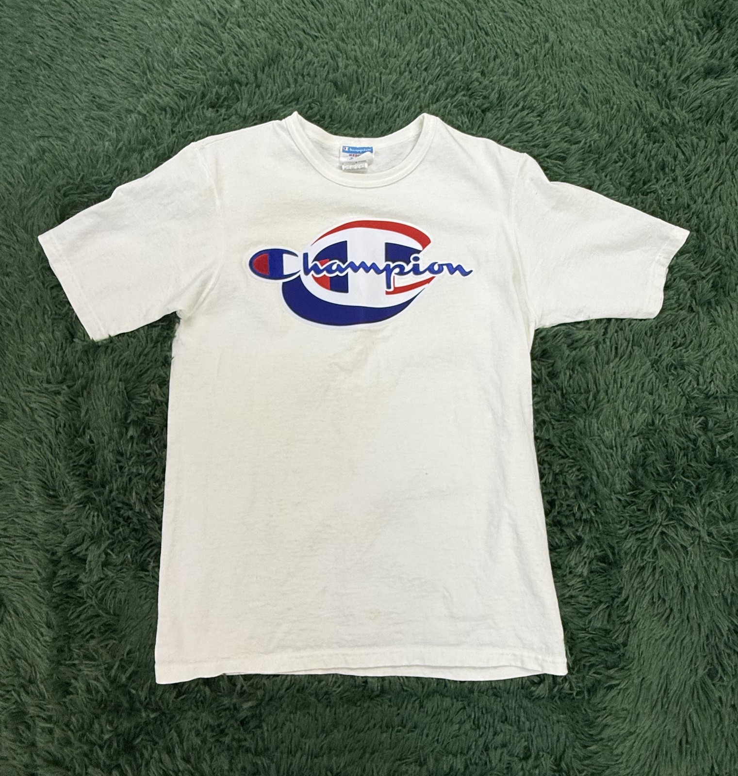 Champion Men&rsquo;s Medium White Short Sleeve Crew Neck T-Shirt Big Logo Tee
