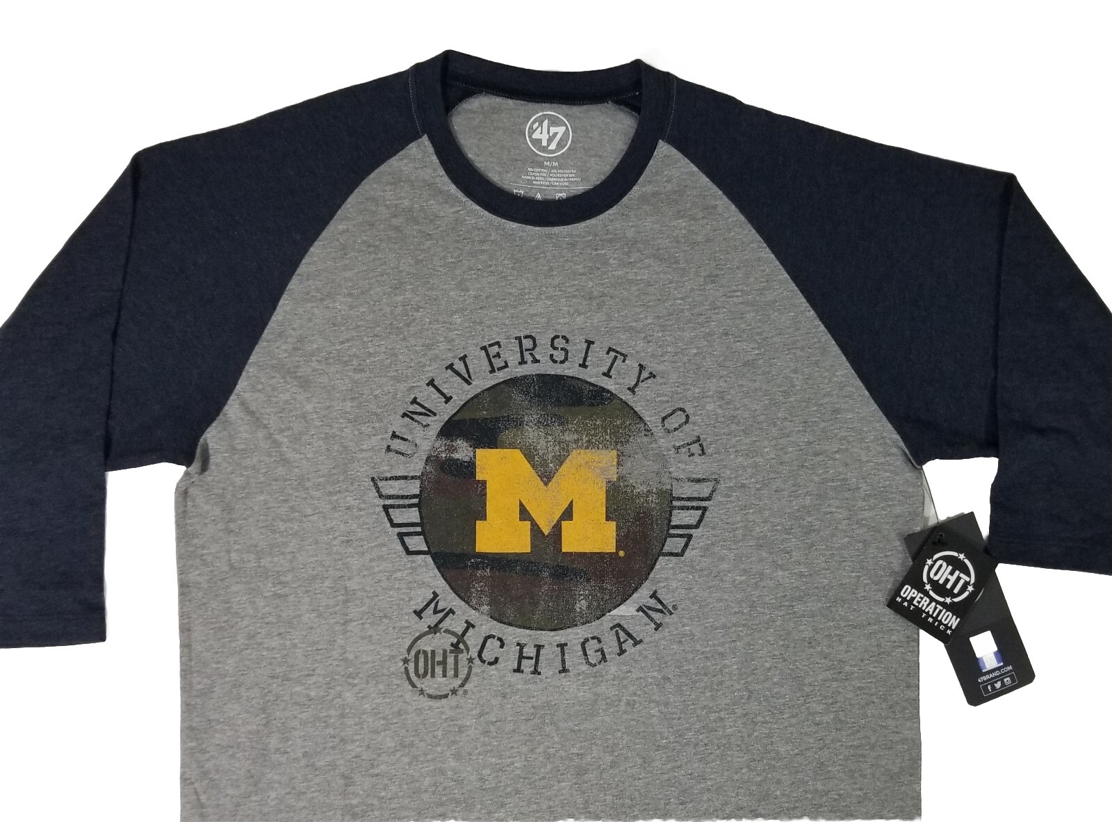 &rsquo;47 Brand MICHIGAN WOLVERINES Operation Hat Trick Raglan 3/4 T-Shirt Adult M NWT